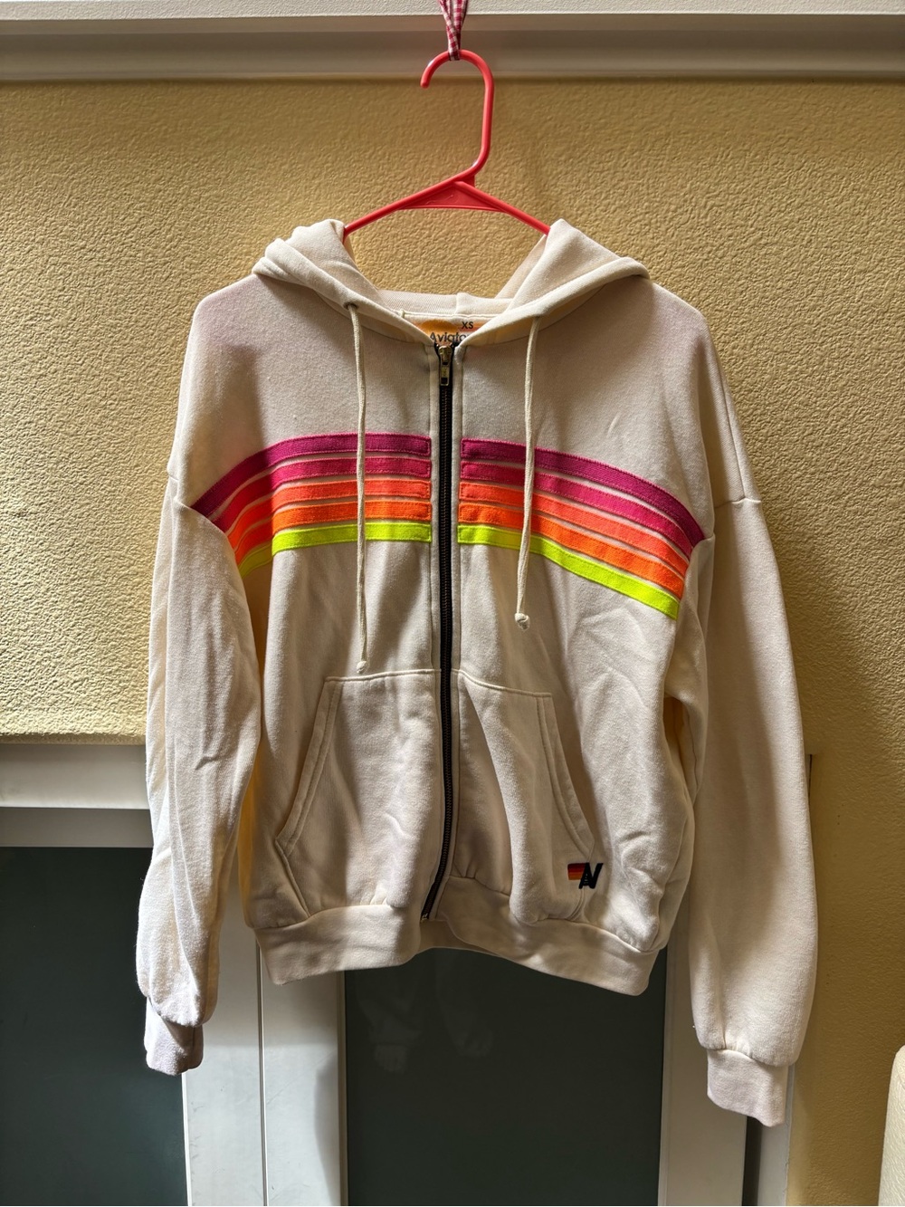 Aviator Nation Relaxed Vintage White Neon 5 Stripe Zip Hoodie